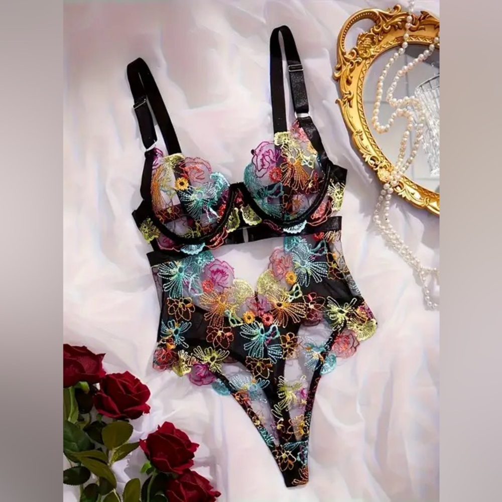 Floral Embroidered Black Sheer Bodysuit - Women Intimates